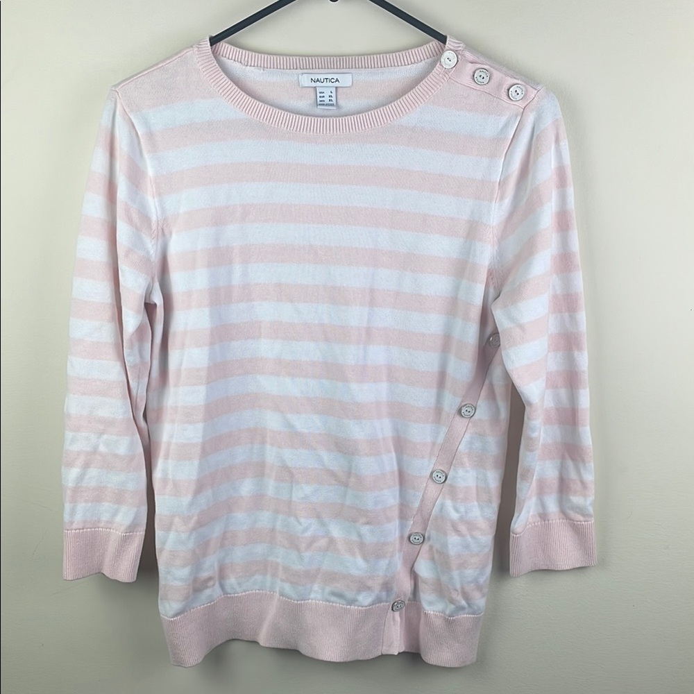 Nautica Pink Striped Scoop Neck Sweater